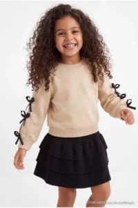 TRENDYOLMİLLA KIDS Stone Girls' Cotton Ribbon Detailed Sweatshirt and Skirt Bottom - Top Set