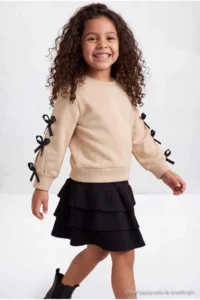 TRENDYOLMİLLA KIDS Stone Girls' Cotton Ribbon Detailed Sweatshirt and Skirt Bottom - Top Set - Image 2