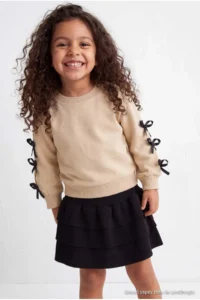 TRENDYOLMİLLA KIDS Stone Girls' Cotton Ribbon Detailed Sweatshirt and Skirt Bottom - Top Set - Image 3