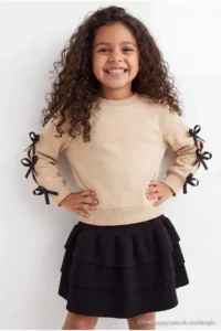 TRENDYOLMİLLA KIDS Stone Girls' Cotton Ribbon Detailed Sweatshirt and Skirt Bottom - Top Set - Image 4