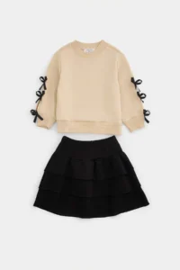 TRENDYOLMİLLA KIDS Stone Girls' Cotton Ribbon Detailed Sweatshirt and Skirt Bottom - Top Set - Image 5