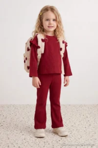 TRENDYOLMİLLA KIDS Burgundy Ribbed Flexible Girls' Plain Knitting Bottom - Top Set