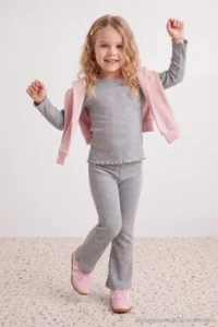 TRENDYOLMİLLA KIDS Gray 100%Cotton Girls' Ribbed Flexible Plain Knitting Bottom - Top Set