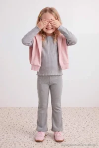 TRENDYOLMİLLA KIDS Gray 100%Cotton Girls' Ribbed Flexible Plain Knitting Bottom - Top Set - Image 2