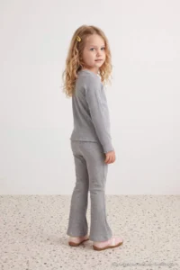 TRENDYOLMİLLA KIDS Gray 100%Cotton Girls' Ribbed Flexible Plain Knitting Bottom - Top Set - Image 3