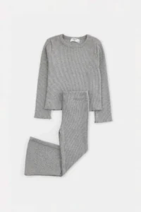TRENDYOLMİLLA KIDS Gray 100%Cotton Girls' Ribbed Flexible Plain Knitting Bottom - Top Set - Image 4