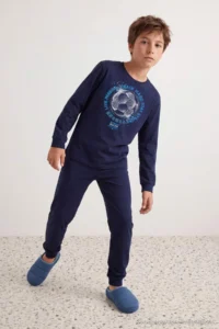 TRENDYOLMİLLA KIDS Dark NAVY 100%Cotton NAVY BLUE Men Kids Pajama Set