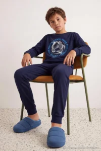 TRENDYOLMİLLA KIDS Dark NAVY 100%Cotton NAVY BLUE Men Kids Pajama Set - Image 3