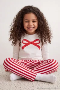 TRENDYOLMİLLA KIDS Red 100%Cotton Girls' Ribbon Printed Pajama Set - Image 3
