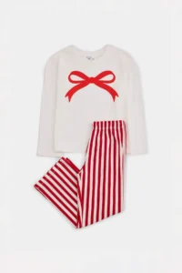 TRENDYOLMİLLA KIDS Red 100%Cotton Girls' Ribbon Printed Pajama Set - Image 4