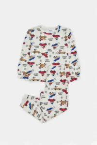 TRENDYOLMİLLA KIDS Ecru Soft textured Boys' Car Printed Pajama Set - Image 6