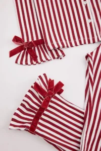TRENDYOLMİLLA KIDS Burgundy Girls' 100% Cotton Striped Velvet Ribbon Printed Mother-Daughter Pajama Set - Image 2