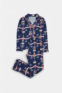 TRENDYOLMİLLA KIDS NAVY BLUE Girls' 100% Cotton Patterned Piped Printed Mother-Daughter Pajama Set