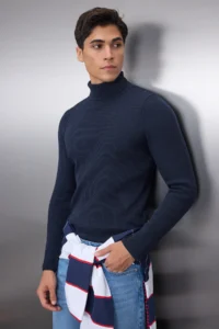 TRENDYOLMİLLA MEN NAVY BLUE slim Fit Cotton Turtleneck Ribbed Knitted Sweater - Image 2
