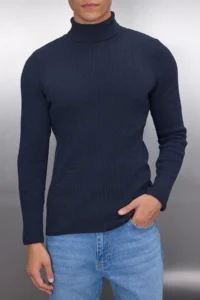 TRENDYOLMİLLA MEN NAVY BLUE slim Fit Cotton Turtleneck Ribbed Knitted Sweater - Image 3