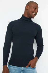 TRENDYOLMİLLA MEN NAVY BLUE slim Fit Cotton Turtleneck Ribbed Knitted Sweater - Image 5
