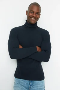 TRENDYOLMİLLA MEN NAVY BLUE slim Fit Cotton Turtleneck Ribbed Knitted Sweater - Image 7