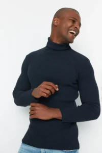 TRENDYOLMİLLA MEN NAVY BLUE slim Fit Cotton Turtleneck Ribbed Knitted Sweater - Image 8