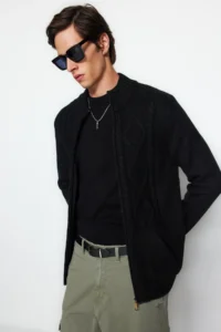 TRENDYOLMİLLA MEN Black slim Fit Woolly Knitting Detailed Zippered with pocket Knitwear Cardigan