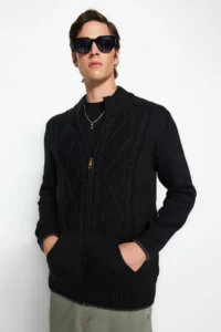 TRENDYOLMİLLA MEN Black slim Fit Woolly Knitting Detailed Zippered with pocket Knitwear Cardigan - Image 2