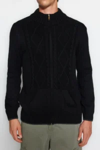 TRENDYOLMİLLA MEN Black slim Fit Woolly Knitting Detailed Zippered with pocket Knitwear Cardigan - Image 5
