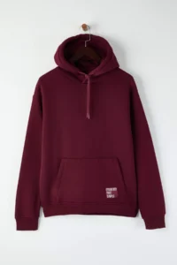 TRENDYOLMİLLA MEN Burgundy Oversized/Wide Cut Hooded Labeled Fleece Cotton Sweatshirt - Image 5