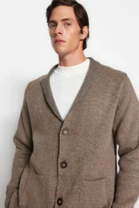 TRENDYOLMİLLA MEN Mink Regular Fit Woolly Collar Knitwear Cardigan - Image 2
