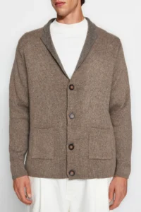 TRENDYOLMİLLA MEN Mink Regular Fit Woolly Collar Knitwear Cardigan - Image 3