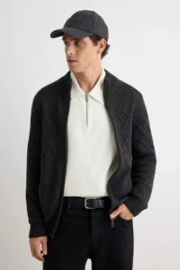 TRENDYOLMİLLA MEN Anthracite Regular Fit Woolly Half Fisherman Zippered Closure textured Knitwear Cardigan - Image 2
