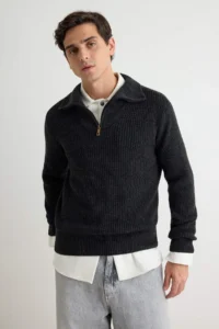 TRENDYOLMİLLA MEN DARK anthracite Regular Fit Woolly Zippered Turtleneck Knitwear Sweater - Image 2