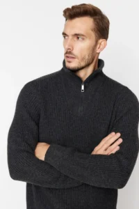 TRENDYOLMİLLA MEN DARK anthracite Regular Fit Woolly Zippered Turtleneck Knitwear Sweater - Image 8