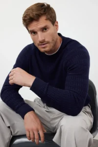 TRENDYOLMİLLA MEN NAVY BLUE slim slim Fit Crew Neck textured Knitwear Sweater
