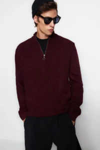 TRENDYOLMİLLA MEN Burgundy Casual Regular Fit Half Fisherman Zippered Collar Sweater