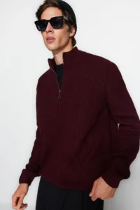 TRENDYOLMİLLA MEN Burgundy Casual Regular Fit Half Fisherman Zippered Collar Sweater - Image 2