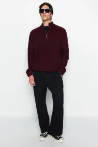 TRENDYOLMİLLA MEN Burgundy Casual Regular Fit Half Fisherman Zippered Collar Sweater - Image 3