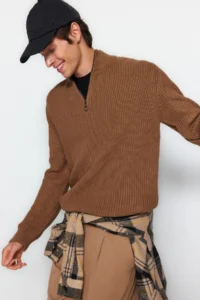 TRENDYOLMİLLA MEN Camel Casual Regular Fit Couple/Double Half Fisherman Zippered Collar Sweater - Image 2