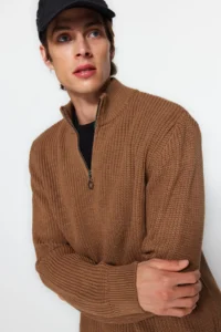 TRENDYOLMİLLA MEN Camel Casual Regular Fit Couple/Double Half Fisherman Zippered Collar Sweater - Image 3