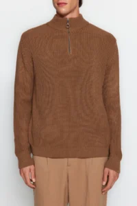 TRENDYOLMİLLA MEN Camel Casual Regular Fit Couple/Double Half Fisherman Zippered Collar Sweater - Image 5