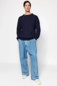 TRENDYOLMİLLA MEN NAVY BLUE Oversized Fit Wide Pattern Crew Neck Basic Knitwear Sweater - Image 7