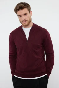 TRENDYOLMİLLA MEN Burgundy Regular Fit Cotton Half Fisherman Zippered Collar smart Knitwear Sweater