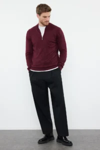 TRENDYOLMİLLA MEN Burgundy Regular Fit Cotton Half Fisherman Zippered Collar smart Knitwear Sweater - Image 2