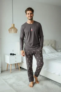 TRENDYOLMİLLA MEN Anthracite Regular Penguen Embroidered Knitting Pajama Set - Image 3