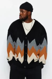 TRENDYOLMİLLA MEN Black Plus Size Oversized Fit Wide Pattern Baklava Patterned Knitwear Cardigan