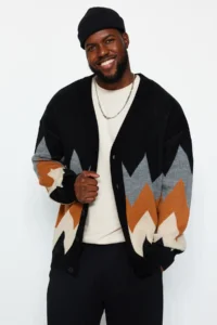 TRENDYOLMİLLA MEN Black Plus Size Oversized Fit Wide Pattern Baklava Patterned Knitwear Cardigan - Image 3
