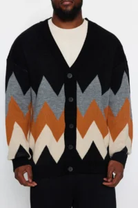 TRENDYOLMİLLA MEN Black Plus Size Oversized Fit Wide Pattern Baklava Patterned Knitwear Cardigan - Image 4