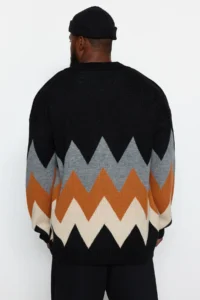 TRENDYOLMİLLA MEN Black Plus Size Oversized Fit Wide Pattern Baklava Patterned Knitwear Cardigan - Image 6