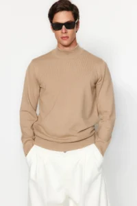 TRENDYOLMİLLA MEN Camel Regular Fit Half Turtleneck Soft Basic Knitwear Sweater - Image 2