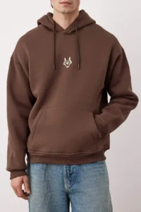 TRENDYOLMİLLA MEN Dark Brown Oversized/Wide Cut Hooded Tiger Embroidered Sweatshirt with Fleece Inside - Image 4