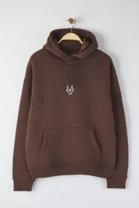 TRENDYOLMİLLA MEN Dark Brown Oversized/Wide Cut Hooded Tiger Embroidered Sweatshirt with Fleece Inside - Image 6