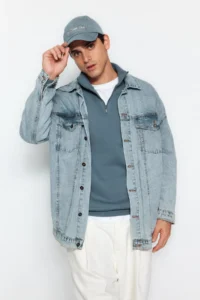 TRENDYOLMİLLA MEN BLUE Regular/Normal Cut High Neck Zippered Cotton Basic Sweatshirt with Fleece Inside - Image 4